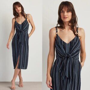 NWT New $129 Ellen Tracy Tie Front Linen Blend Navy Stripe Dress Size XS